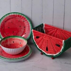 Watermelon Summer Combo Melamine Plastic 4 Bowls & 4 Plates Basket Holder Picnic